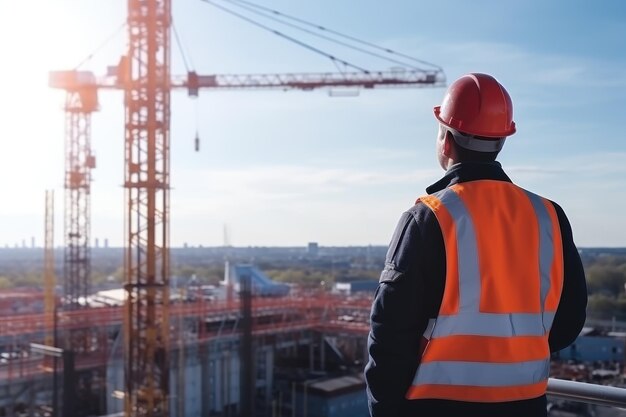 Ingegnere in cima all'edificio che guarda la gru