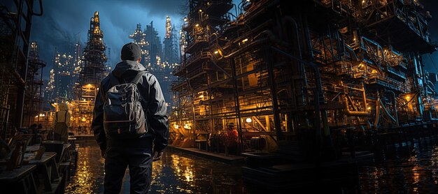 Ingegnere in piedi su una piattaforma di perforazione petrolifera in mezzo al vasto mare che lavora per estrarre risorse vitali Generato con AI