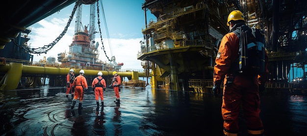 Ingegnere in piedi su una piattaforma di perforazione petrolifera in mezzo al vasto mare che lavora per estrarre risorse vitali Generato con AI