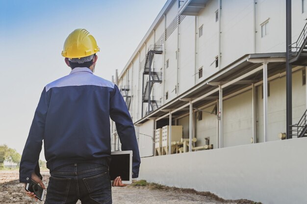 Ingegnere in piedi sullo sfondo dell'impianto di fabbrica, impianto di manutenzione della produzione sul posto di lavoro del tecnico