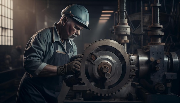 Ingegnere in tuta e casco bianco al lavoro su un tornio AI Generativex9