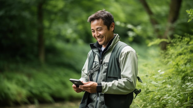 Ingegnere in un ambiente naturale sorriso caldo passione per le soluzioni ambientali