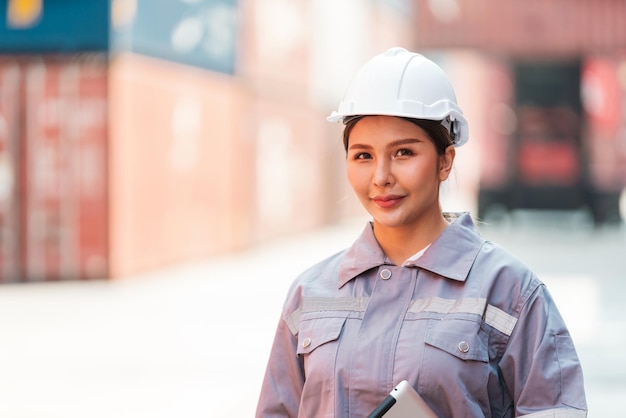 Ingegnere industriale attraente donna tailandese in giubbotto di sicurezza bianco con cappello rigido con un contenitore sfocato