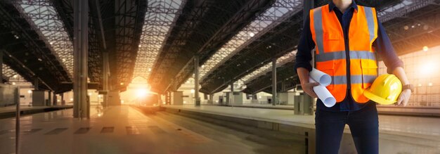 ingegnere industriale che tiene un progetto e un casco di sicurezza sul cantiere ferroviario