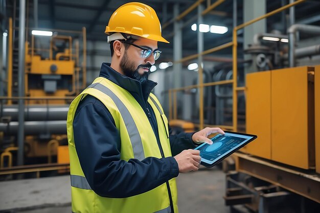 Ingegnere industriale con casco rigido e giacca di sicurezza usa un tablet touchscreen