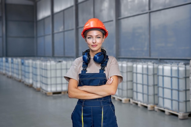 Ingegnere industriale donna in elmetto protettivo in piedi in fabbrica con le braccia piegate