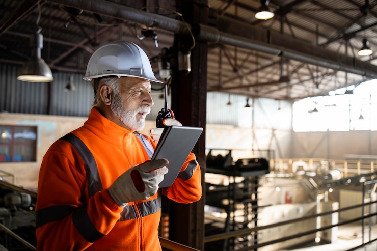 Foto ingegnere industriale lavoratore in piedi su piattaforma metallica e controllo della produzione su tablet pc