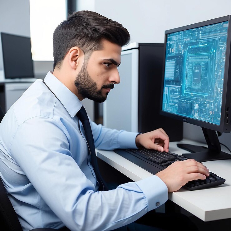 Foto ingegnere informatico che lavora con il suo pc