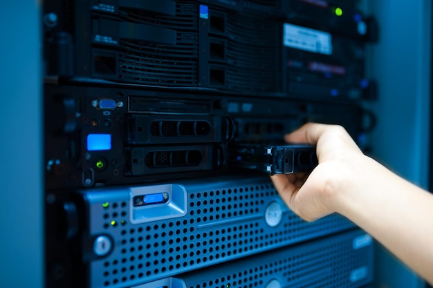 Ingegnere informatico che ripara un server in un data center