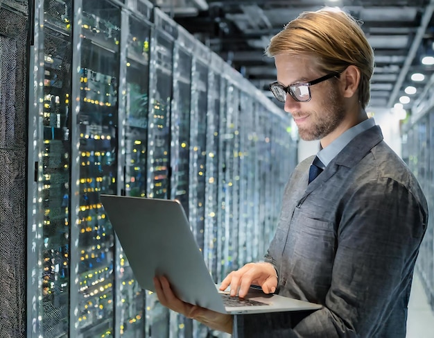 ingegnere informatico lavora su un computer portatile sullo sfondo di una sala server di dati