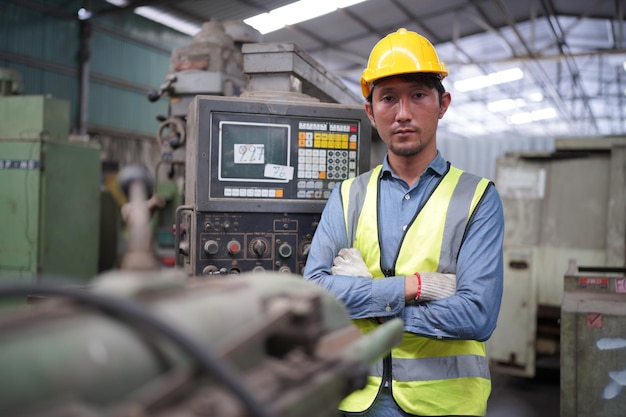 Ingegnere maschio metalmeccanico operatore industriale esperto tecnico lavoratore in casco rigido di sicurezza che lavora su tornio, uomo professionista nell'officina della fabbrica di produzione di tecnologia industriale