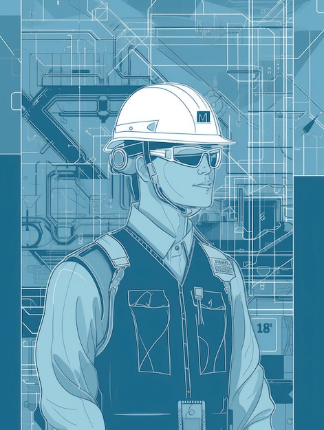 Ingegnere meccanico in azione con forme geometriche semplici e linee sottili L'ingegnere meccanico è raffigurato con indosso un elmetto, occhiali di sicurezza e giubbotto da lavoro