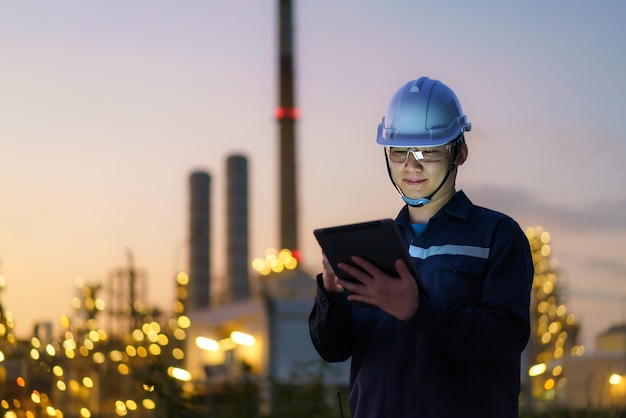 Ingegnere petrolchimico asiatico che lavora di notte con la tavoletta digitale All'interno della fabbrica dell'industria della raffineria di petrolio e gas di notte per il controllo di qualità della sicurezza dell'ispettore.