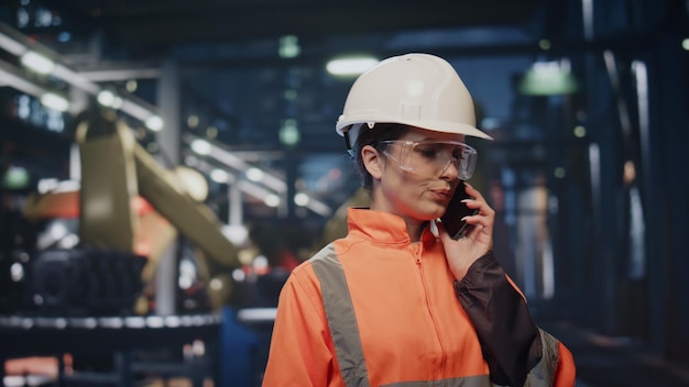 Ingegnere preoccupato che chiama al cellulare in officina con casco protettivo da vicino