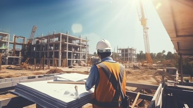 Ingegnere professionista, architetto, lavoratore con casco protettivo e progetto