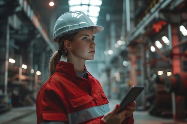 Ingegnere professionista dell'industria pesante Lavoratore che indossa un'uniforme di sicurezza e un casco usa un tablet