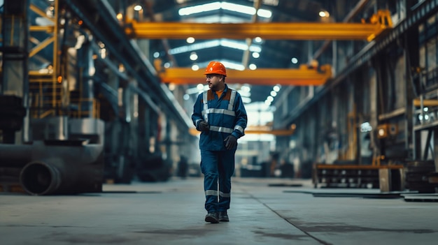 Ingegnere professionista dell'industria pesante Lavoratore che indossa uniforme di sicurezza e casco duro Serio Uomo di successo Specialista industriale Camminando in fabbrica di fabbricazione di metalli magazzino