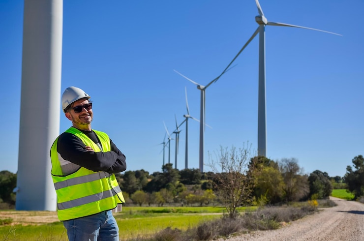 Foto ingegnere sorridente che posa con le braccia incrociate davanti alla fattoria di turbine eoliche