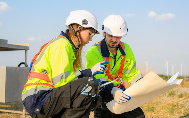 Ingegnere tecnico in uniforme di sicurezza che lavora in un campo di turbine eoliche