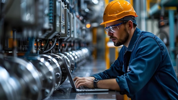 Ingegnere utilizza il portatile per programmare il PLC per un sistema di controllo di automazione su larga scala Concept Automation Programmable Logic Controller PLC Engineering Large Scale System Laptop Programming
