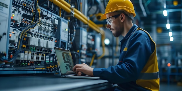 Ingegnere utilizza un portatile per gestire un controller logico programmabile per un sistema di automazione completa Concept Engineering Automation Programmable Logic Controller PLC Laptop Control Technology