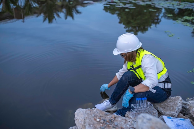 Ingegneri ambientali ispezionano la qualità dell'acqua Portano l'acqua in laboratorio per le prove Controllano il contenuto minerale dell'acqua e del suolo Controllano la presenza di contaminanti nelle fonti d'acqua