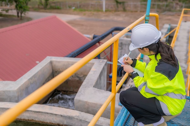 Ingegneri ambientali lavorano negli impianti di trattamento delle acque reflue Ingegneri dell'approvvigionamento idrico lavorano in un impianto di riciclaggio dell'acqua per il riutilizzo Controllare la quantità di cloro nell'acqua per essere entro i criteri