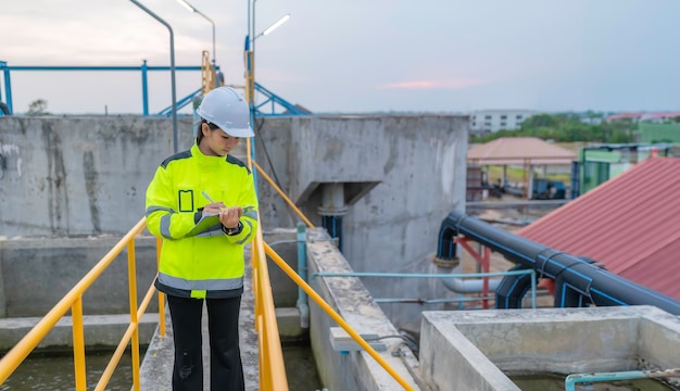 Ingegneri ambientali lavorano negli impianti di trattamento delle acque reflue Ingegneri dell'approvvigionamento idrico lavorano in un impianto di riciclaggio dell'acqua per il riutilizzo Controllare la quantità di cloro nell'acqua per essere entro i criteri