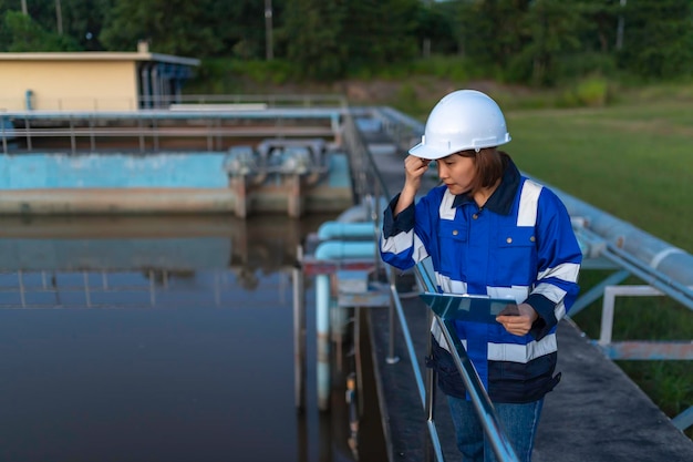 Ingegneri ambientali lavorano negli impianti di trattamento delle acque reflue Ingegneri dell'approvvigionamento idrico lavorano in un impianto di riciclaggio dell'acqua per il riutilizzo Controllare la quantità di cloro nell'acqua per essere entro i criteri