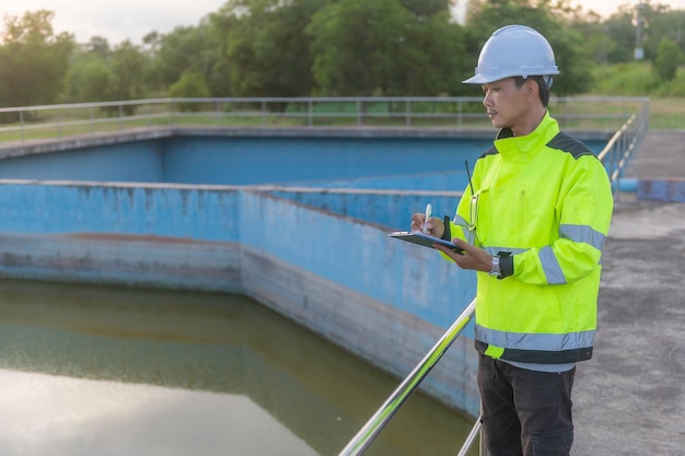 Ingegneri ambientali lavorano negli impianti di trattamento delle acque reflue Ingegneria dell'approvvigionamento idrico lavorando nell'impianto di riciclaggio dell'acqua per il riutilizzo