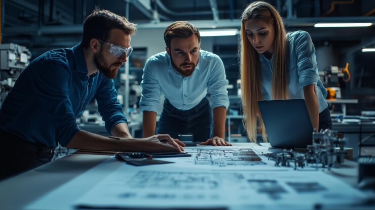 Ingegneri che collaborano a un progetto in un ambiente industriale moderno
