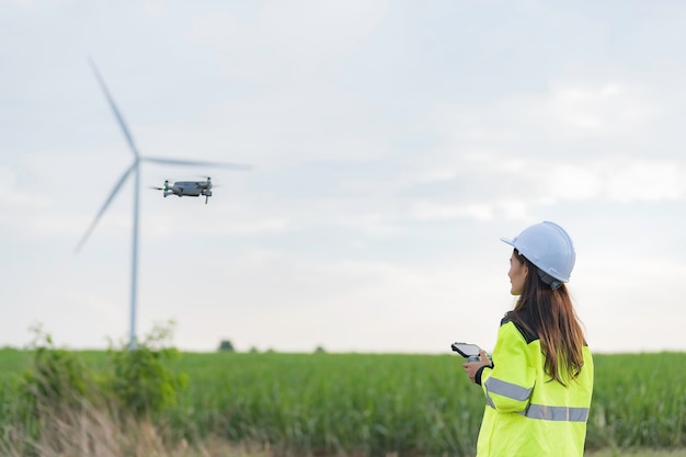 Ingegneri che lavorano e tengono il rapporto presso l'azienda agricola di turbine eoliche Power Generator Station sulla montagnaThailandiaIl tecnico uomo e donna discutono di lavoroxAUusa la vista del drone dall'alto