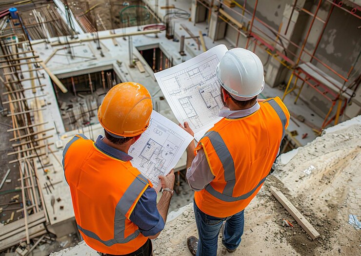 Ingegneri civili che lavorano in un cantiere che enfatizzano i piani di sviluppo urbano