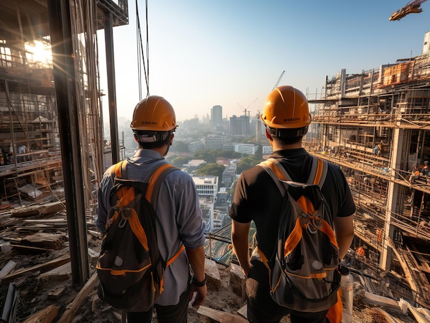 Ingegneri con caschi guardano la città in costruzione AI generativa