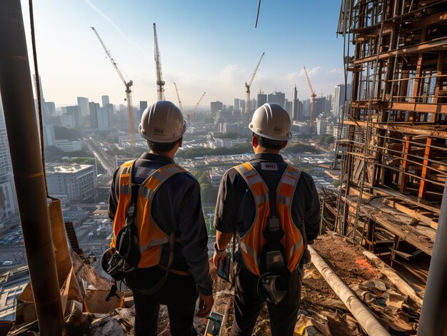 Ingegneri con caschi guardano la città in costruzione AI generativa