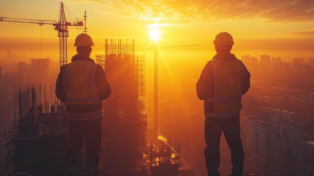 Ingegneri della costruzione che si affacciano sul cantiere a Sunset Silhouette