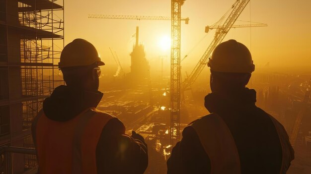 Ingegneri della costruzione che si affacciano sul cantiere a Sunset Silhouette