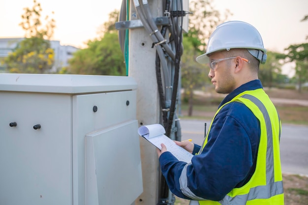 Ingegneri delle telecomunicazioni lavorano nelle torri cellulari per i segnali di telefonia cellulare 5G Tecnici di manutenzione delle torri di rete