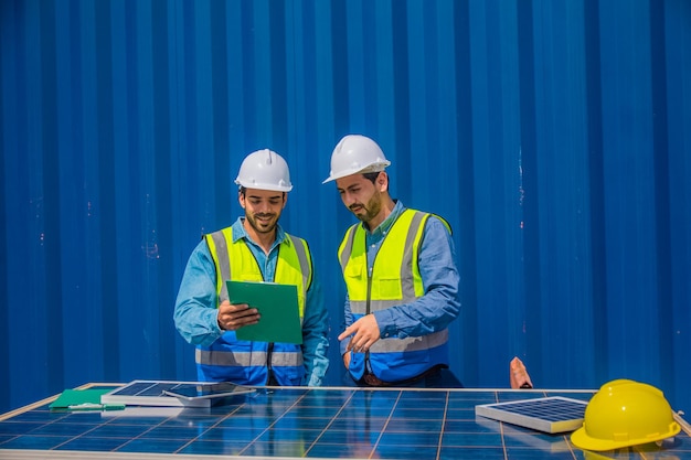 Ingegneri di centrali solari che incontrano ed esaminano i pannelli fotovoltaici Concetto di energia alternativa e il suo servizio Ingegnere energetico lavoratore uomo sul posto