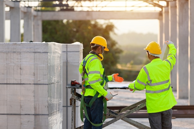 Ingegneri e lavoratori asiatici consultati insieme per la pianificazione e lo sviluppo della costruzione, concetto di lavoro di squadra di costruzione.