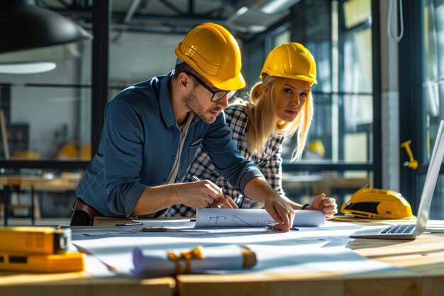 ingegneri edilizi in azione architetto e donna d'affari alla scrivania con i progetti