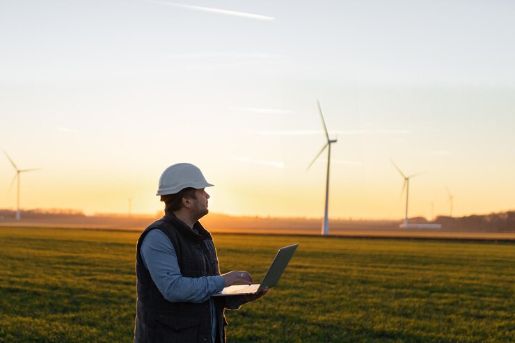 Ingegneri elettrici che lavorano presso la stazione del generatore di energia della turbina eolica con un computer portatile