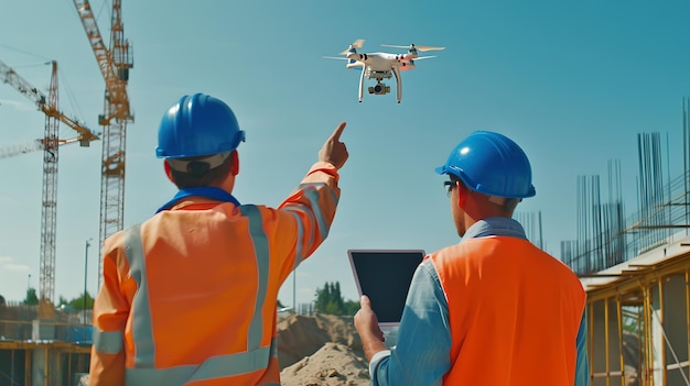 Ingegneri professionisti che operano un drone in un cantiere di costruzione Tecnologia moderna nell'ingegneria civile Lavoro di rilevamento con tecnologia di drone AI