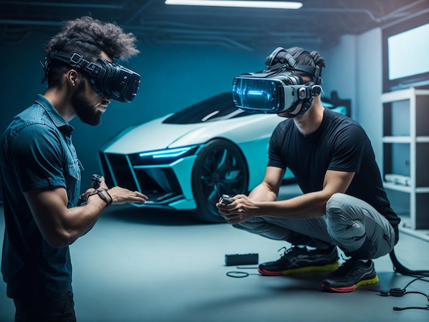 Ingegneri professionisti del settore automobilistico con visore VR e joystick parlano della produzione di veicoli mentre