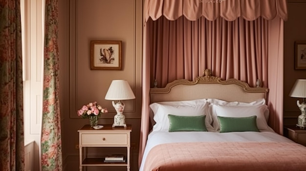 Inglese decorazione camera da letto interior design e blush rosa decorazione della casa letto con baldacchino e mobili antichi casa di campagna affitto di vacanze e interni in stile cottage