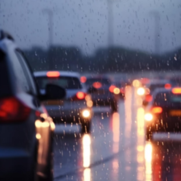 Ingorgo pesante sull'autostrada in una giornata piovosa con gocce di pioggia sui vetri dell'auto sfondo sfocato sfocatura del movimento