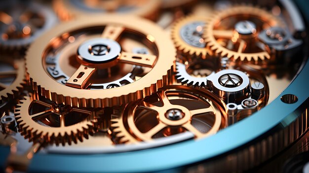 Ingranaggi metallici di un meccanismo di orologio Spazio di copia del piano macro