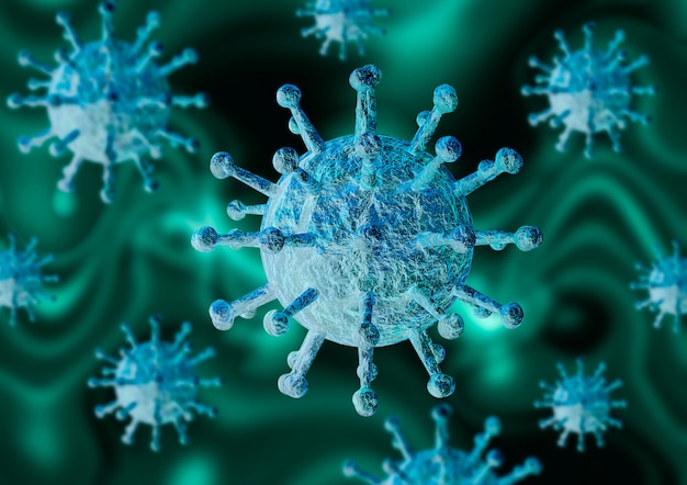 Ingrandimento microscopico di coronavirus che causa influenza e polmonite cronica che porta alla morte