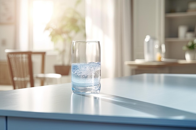 Ingrandisci l'atto di versare acqua potabile pulita, fresca e purificata da una bottiglia su un tavolo nel soggiorno.