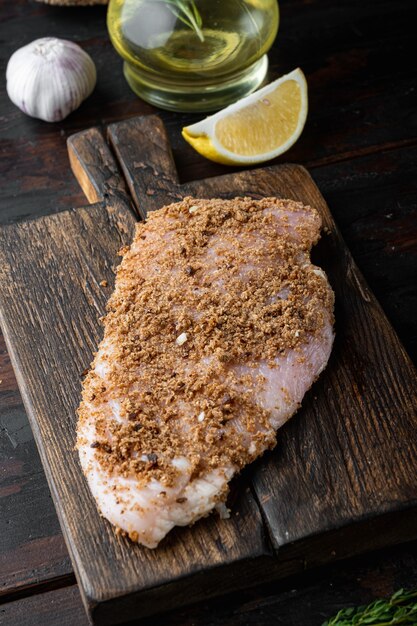 Ingrediente crudo di pollo all'aglio croccante, sulla tavola di legno